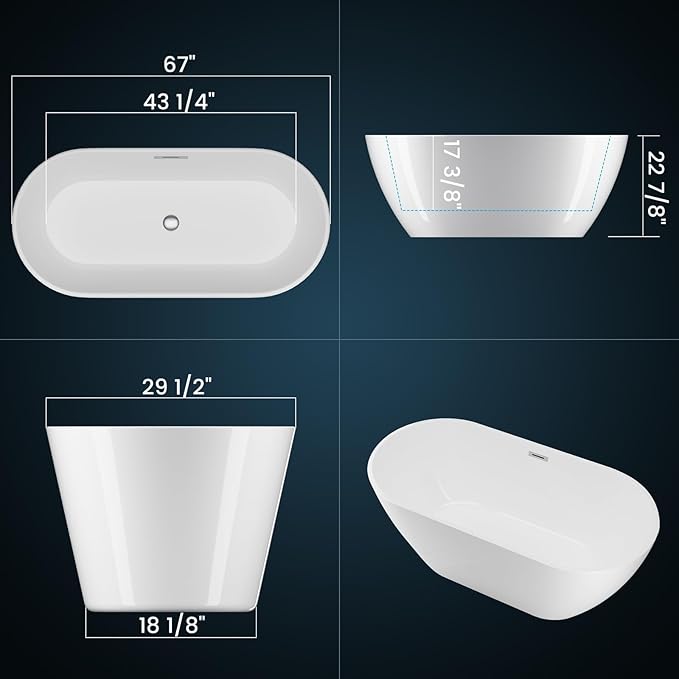 Freestanding Bathtub, Modern Soaking Tub, Deep Stand Alone Bath with Chrome Drain & Overflow, Acrylic, Ergonomic Upright Bathtub for Bathroom Relaxation, Easy Clean Acrylic Tub, 67''