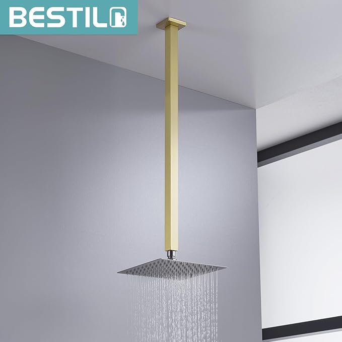 BESTILL 24 Inch Brushed Gold Ceiling Mount Shower Arm and Flange, Square Rain Shower Arm