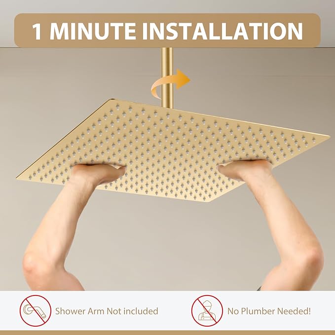 Gold Rain Shower Head, 16 Inch Ultra Thin 304 Stainless Steel Square Rainfall Shower Head, Full Body Coverage with 324 Silicone Nozzle Waterfall Showerhead