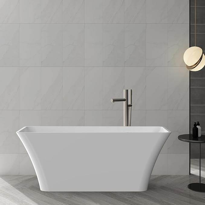 59 Inch Freestanding Bathtub, Modern Acrylic Soaking Bathtub, Ergonomic Deep Tub with Non-Slip Base and Chrome Drain, Standalone Design for Relaxing Bathroom Use, White