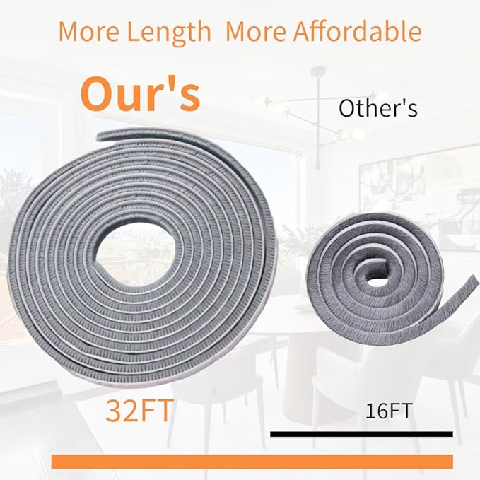 Weather Stripping Door Seal Brush for Sliding Windows/Doors Frame Side,Pile Self Adhesive Weatherstrip Seal Strip Soundproof Sealer Draft Stoppers(33ft 0.35''Wide x 0.2''Thick, Gray)