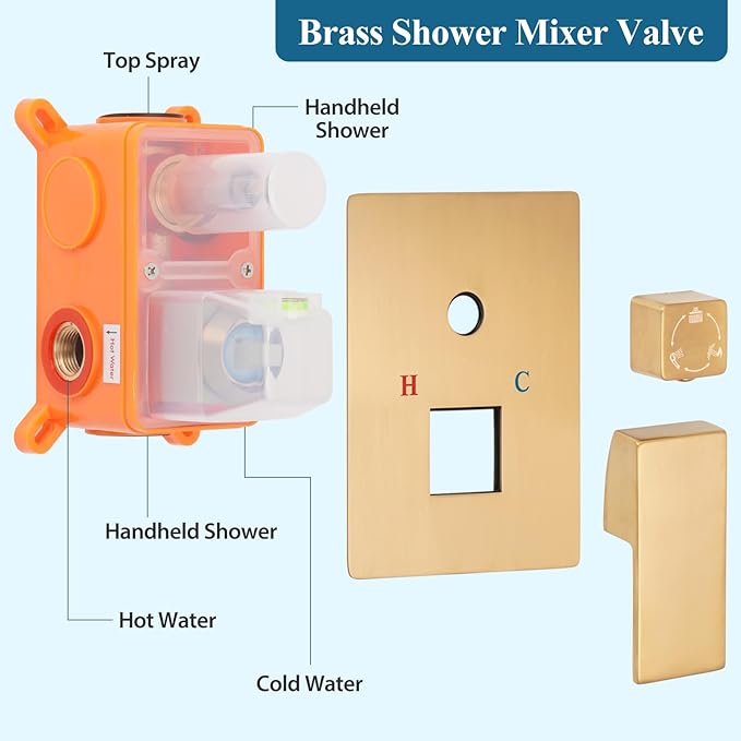 10 inch Square Shower Head and Handheld Set, Gasecoet Shower System with Tub Spout Wall Mounted Shower Faucet for Bathroom - Brushed Gold (With Shower Valve)