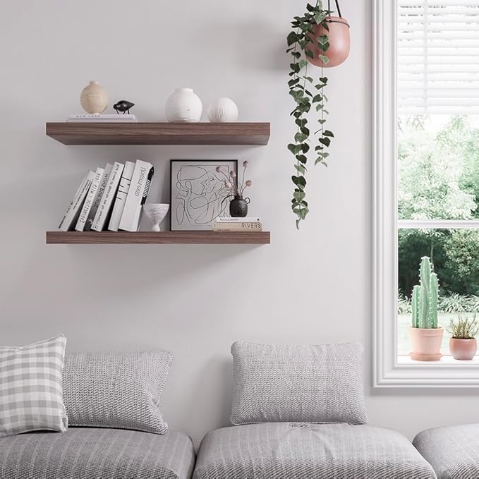 Floating Shelf, Set of 3 Wall Shelf, 30 in W x 12.75 in D x 2 in H Wooden Floating Wall Shelf with Invisible Brackets for Living Room/Bedroom/Bathroom/Kitchen Storage and Decor, Walnut