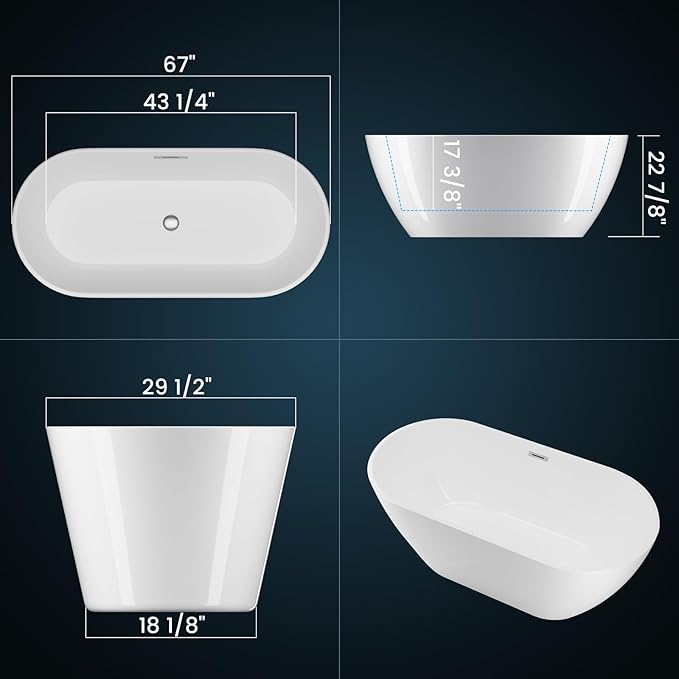 Freestanding Bathtub 67 inch Acrylic Soaking Tub with Overflow & Chrome Drain – Deep Stand Alone Bathtub for Spa-Inspired Bathroom or Relaxing Home Upgrade