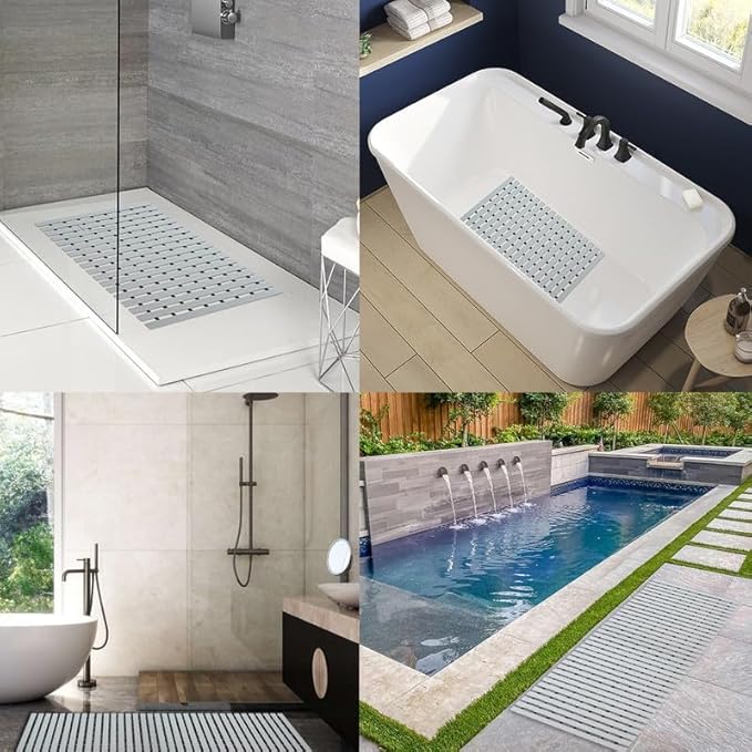 Bath Mat Non Slip Shower Mat Bathtub with Drain Holes and Heavy Duty Rubber No Suction Cups Sturdy Shower Stall Tub Mat for Bathroom, Shower Floor, Pool, SPA, (Grey, 2FT X 27FT)