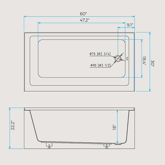 60x30 Inch Acrylic Drop-in Bathtub, Rectangular Soaking Tub with Integral Apron,Built-in Bathtub, Matte Drain and Overflow, Ergonomic Design, Easy Installation for Bathroom, Right Overflow and Drain
