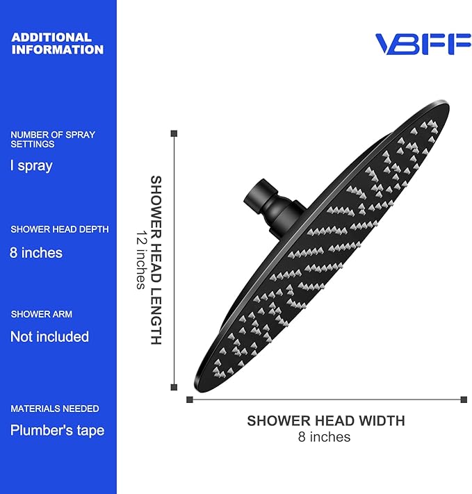 VBFF-Shower Head,rain shower head, 8 inch- Round Shower Head, 1.8 GPM Flow Rate, rainfall showerhead,VBFF11 (Matte Black)