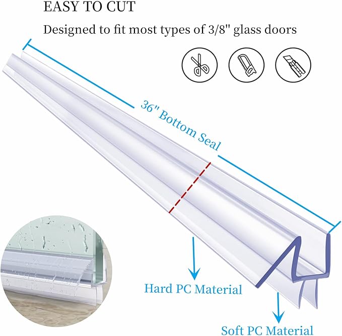 36" Shower Door Bottom Seal Strip Frameless Shower Sweep for 3/8" (10mm) Thick Glass Ultra Clear Polycarbonate (Single Pack)