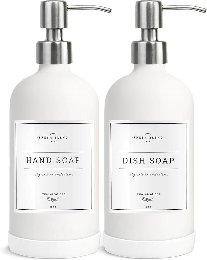 Vine Creations White Glass Soap Dispenser, 2 Pack Kitchen Soap Dispenser Set with Stainless Steel Pump, 16 oz Dish Soap and Hand Soap Dispensers for Bathroom with Waterproof Labels