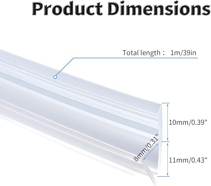 Shower Door Side Seal Strip,39 Inch H-Type Frameless Shower Door Seal, H-Type Shower Door Sweep for 5/16"(8mm) Thick Glass