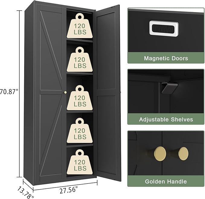 71" Tall Kitchen Pantry Storage Cabinet,Black Metal Storage Cabinets with Doors and Adjustable Shelves,5 Tier Kitchen Cupboard for Dining Room Office Bathroom