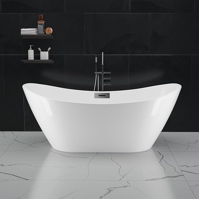 67" Acrylic Freestanding Bathtub, Modern Deep Soaking Tub, cUPC Certified Free Standing Tub, Chrome Drain/Overflow, White Acrylic, Sky White