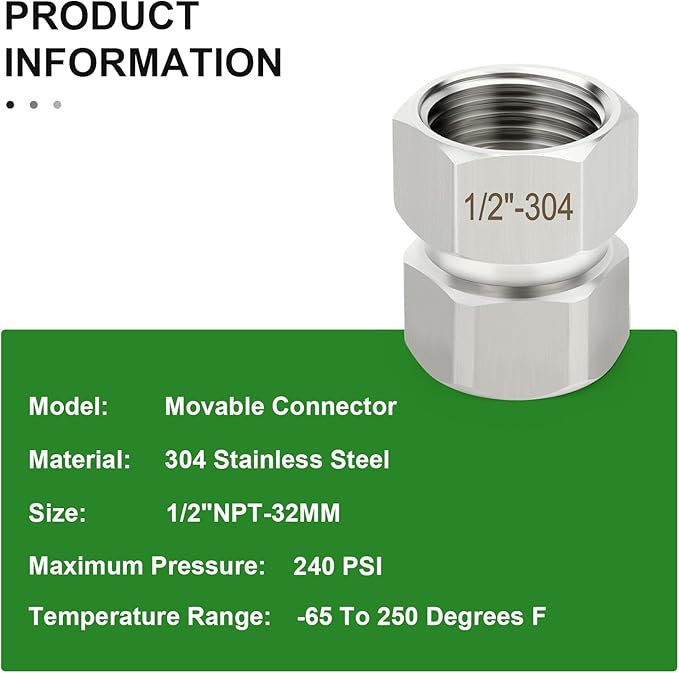 TAISHER 5PCS 304 Stainless Steel Flexible Movable Connector, 1/2" NPT Female for Sprayer, 32MM Length, Angled Valve, Shower Arm