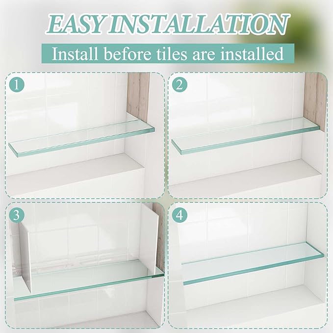 2 Pcs 3-3/8" x 12" 3/8" Thick Tempered Glass Shelf Clear Flat Polished, Flush-Mounted Floating Shelf for Bathroom Essentials & Shower Niche No Mounting Hardware Required