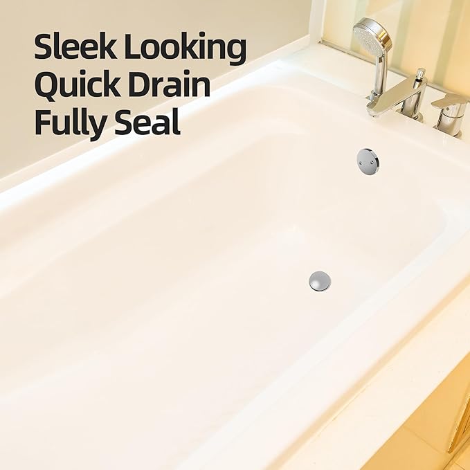 Chrome Plated Tub Drain Kit with Hair Catcher, Premium Brass Mushroom Tip-Toe Bathroom Tub Drain Replacement and 2-Hole Overflow Faceplate, 11.5/16 UNC Bathtub Drain Stopper Assembly