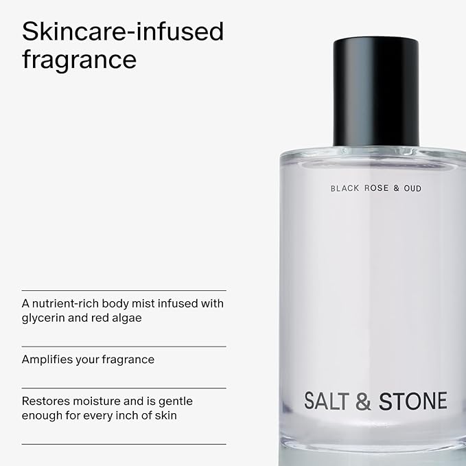 Salt & Stone Body Mist, Black Rose & Oud Scent, Skincare Infused Hair & Body Spray for Women and Men, Hydrating Fragrance with Glycerin and Red Algae, Vegan, Cruelty Free, 3.4 fl oz