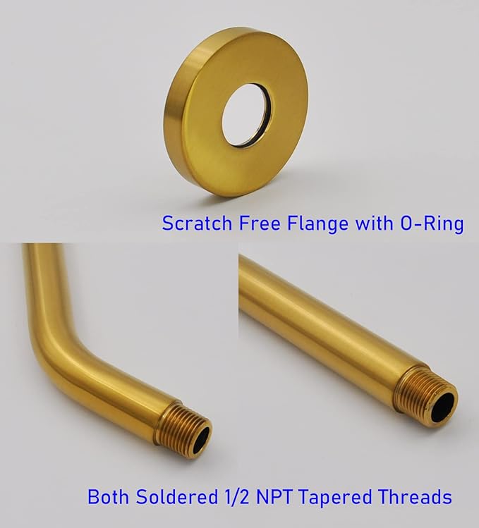Aquaiaw Shower Arm and O-Ring Flange, 8 inch, Solid Brass, Brushed Gold, Round, Both Soldered 1/2 NPT Tapered Threads, Wall Mount Shower Arm Extension with Escutcheon, for Rain Shower Head Max. 12"