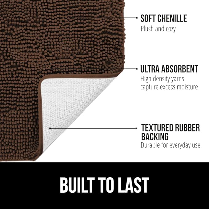 GORILLA GRIP Bath Rug Mat, Thick Soft Absorbent Chenille, Quick Dry Microfiber Mats, Rubber Backing Washable Shower Floor Rugs, Bathmat Runner, US Designed Bathroom Home Decor Accessories 24x17, Brown