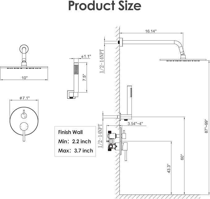 Gabrylly Black Shower Faucet Set, Wall Mounted System with Shower Valve, High Pressure 10" Rain Shower head with Handheld Spray Combo, 2 Way Rainfall Shower Fixtures, Matte Black