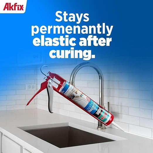 Akfix 100E RTV Translucent Silicone Caulk (48x10.1 fl.oz.) - 100% Waterproof Silicone Sealant for Kitchen and Bathroom, Shower, Toilet, Sink, Window and Door, No Yellowing | Translucent, 48 Pack