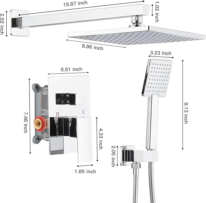 BWE Chrome Shower Faucet Set,Rainfall Shower Head with Handheld Shower,Two Functions Bathroom Luxury Shower Combo Set,Wall Mounted Shower System with Brass Rough-in Valve and Trim Kit