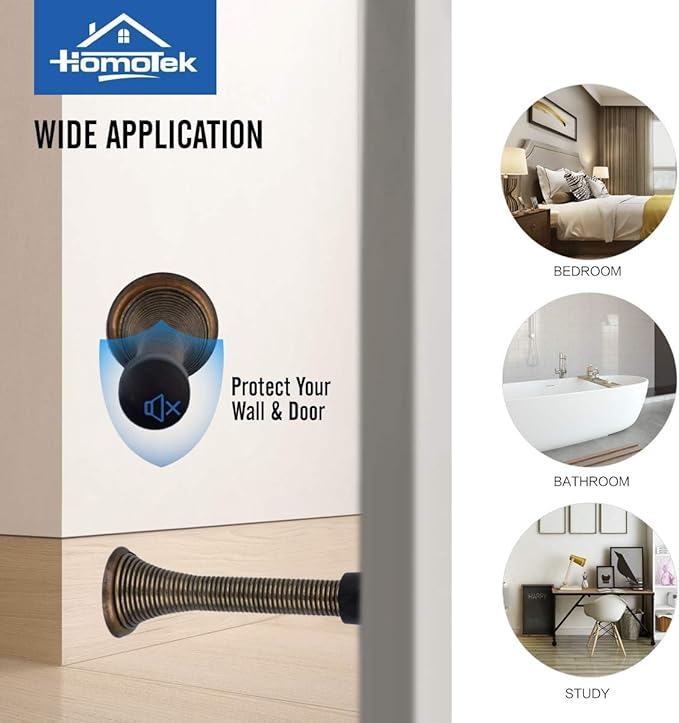 HOMOTEK 1 Pack Spring Door Stopper with Rubber Bumper 3-1/8" Flexible Spring Heavy Duty Wall Door Stop Low Mounted Door Bumper for Home (Antique Brass)