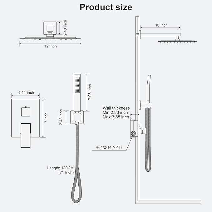 Shower Faucet Set Bathroom Square Rain Shower Head and Handle Set, Wall Mounted Shower Fixtures, Full Metal Trim Repair Kit 12 inch Polished Chrome (With Shower Valve)