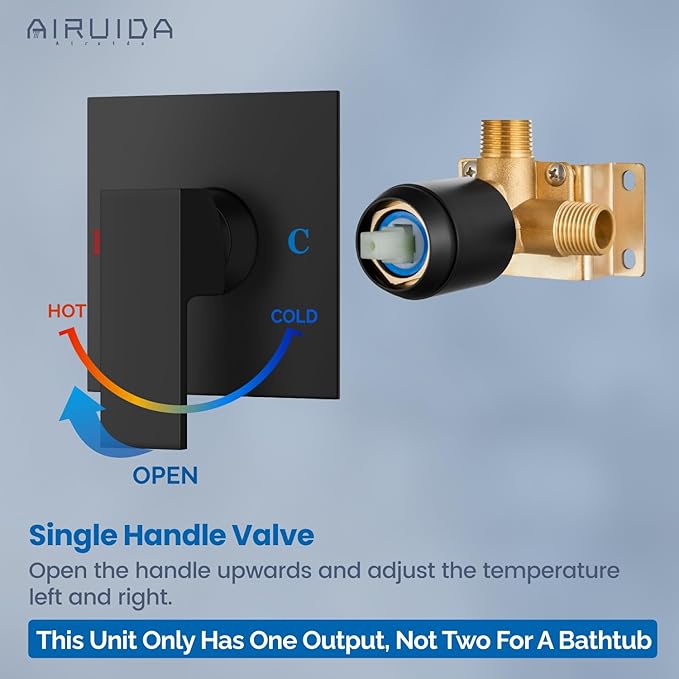 Airuida Square Single-Function Brass Faucet Shower Rough-in Valve Male Thread Bathroom Trim Kit Single Handle Tub Shower Valve 4.3 Inch Cover Plate Matte Black