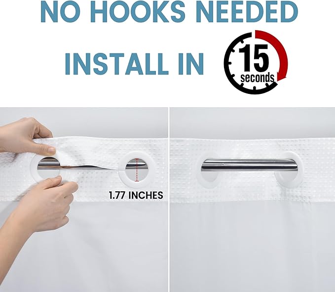 White Long No Hook Shower Curtain with Snap in Liner,230GSM Waffle Weave Shower Curtains for Bathroom,71W x 86H