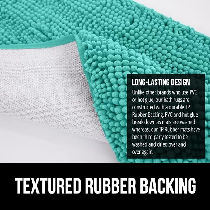 GORILLA GRIP Bath Rug Mat, Soft Absorbent Chenille, Quick Dry Microfiber Mats, Rubber Backing Washable Shower Floor Rugs, Bathmat Runner, US Designed Bathroom Home Decor Accessories 24x17, Turquoise
