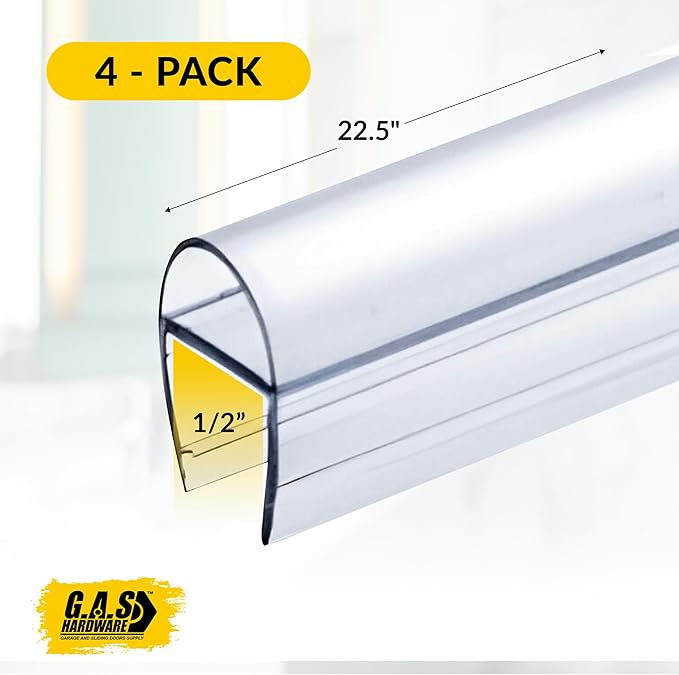 1/2" (12mm) Frameless Shower Door Seal – U-Type 22.5" (57.2cm) Ultra-Clear Bottom & Side Drip Rail Sweep Strips, 4 Pieces for Leak Protection, Water Control & Easy DIY Installation