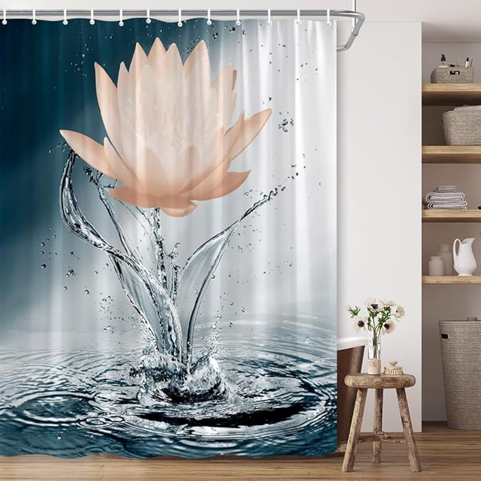 Lotus Shower Curtain Black White Blue Orange Flower Elegant Blooming Floral with Dew Spring Flower Reflection on Water Modern Romantic Polyester Fabric Bathroom Decor 70×90 Inch with Hook