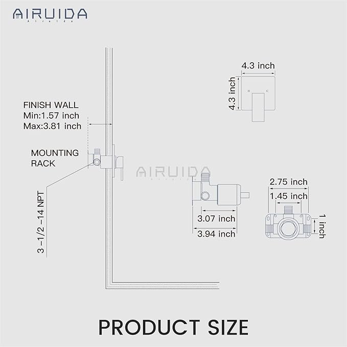 Airuida Square Single-Function Brass Faucet Shower Rough-in Valve Male Thread Bathroom Trim Kit Single Handle Tub Shower Valve 4.3 Inch Cover Plate Brushed Gold