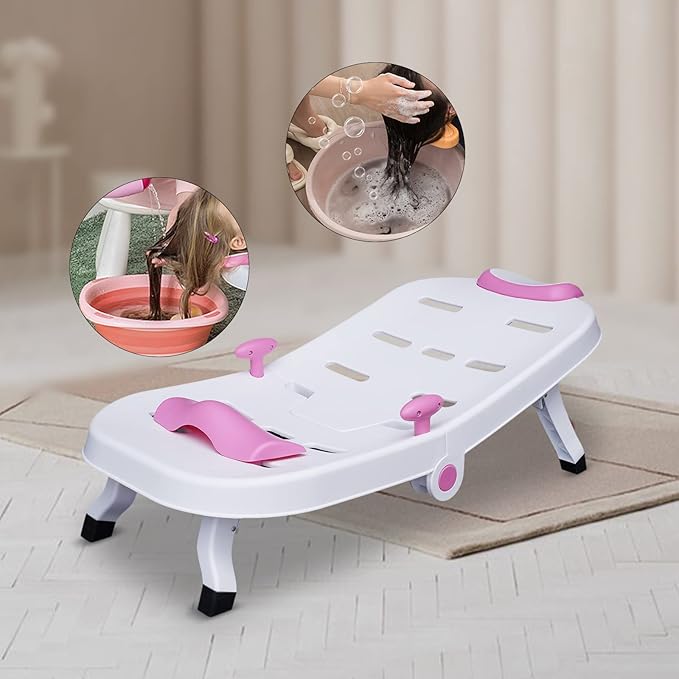 Adjustable Children's Shampoo Chair is Suitable for 0-5 Years Old Bath Seat Bathtub Household Foldable Moisture-Proof Clothes Design (Pink+White)