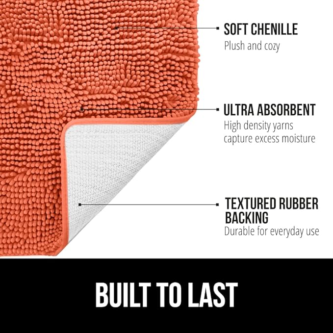 GORILLA GRIP Bath Rug Mat 36x24, Thick Soft Absorbent Chenille, Quick Dry Microfiber Mats, Rubber Backing Washable Shower Floor Rugs, Bathmat Runner, US Designed Bathroom Home Decor Accessories Coral