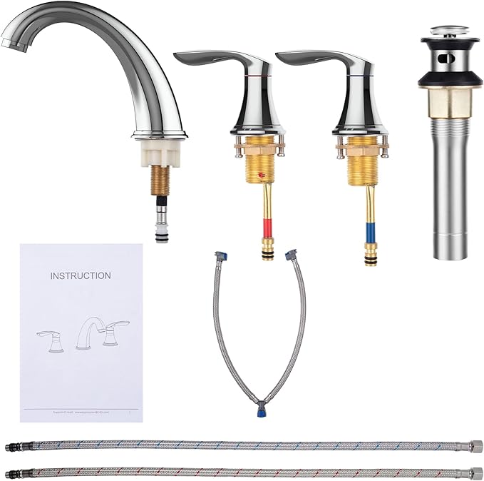 Bathroom Sink Faucet, Faucet for Bathroom Sink, Widespread Chrome Bathroom Faucet 3 Hole with Stainless Steel Pop Up Drain and cUPC Lead-Free Hose - (Chrome 2 Packs)