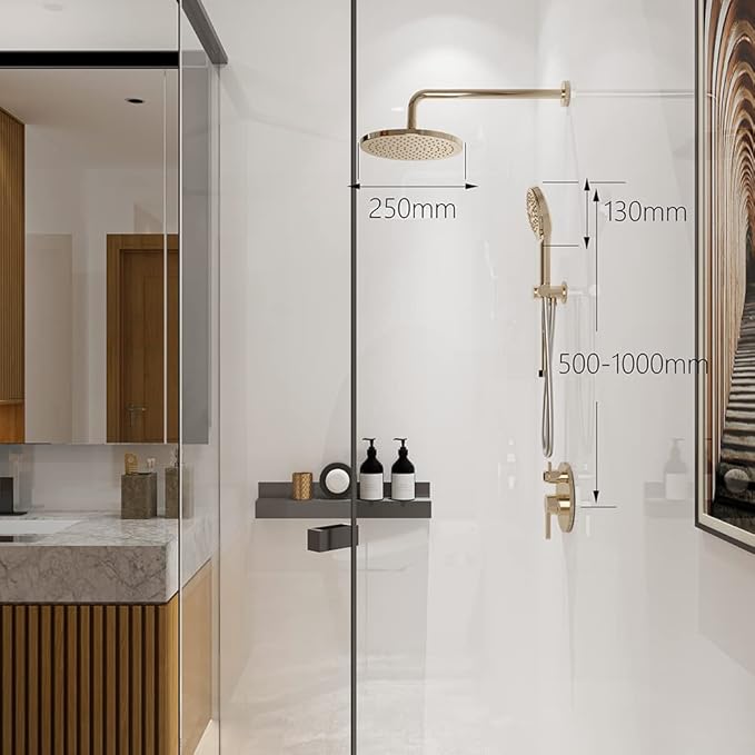 Brushed Gold Shower Faucet Set, Wall Mount Rain Shower System 10 Inches Shower Head and Shower Handheld, Included Pressure Balance Valve and Trim Kit