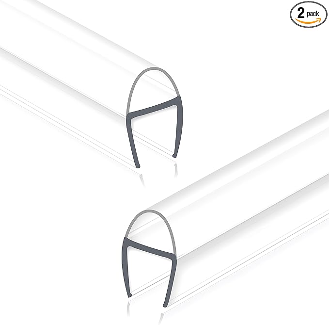 Frameless Shower Door Seal Strip 2 Pack x 39 Inch U for 3/8" Thick Glass Shower Door Side Seal Strip Bottom Seal Door Sweep, Ultra Clear Polycarbonate, Stop Shower Leaks Create A Water Barrier