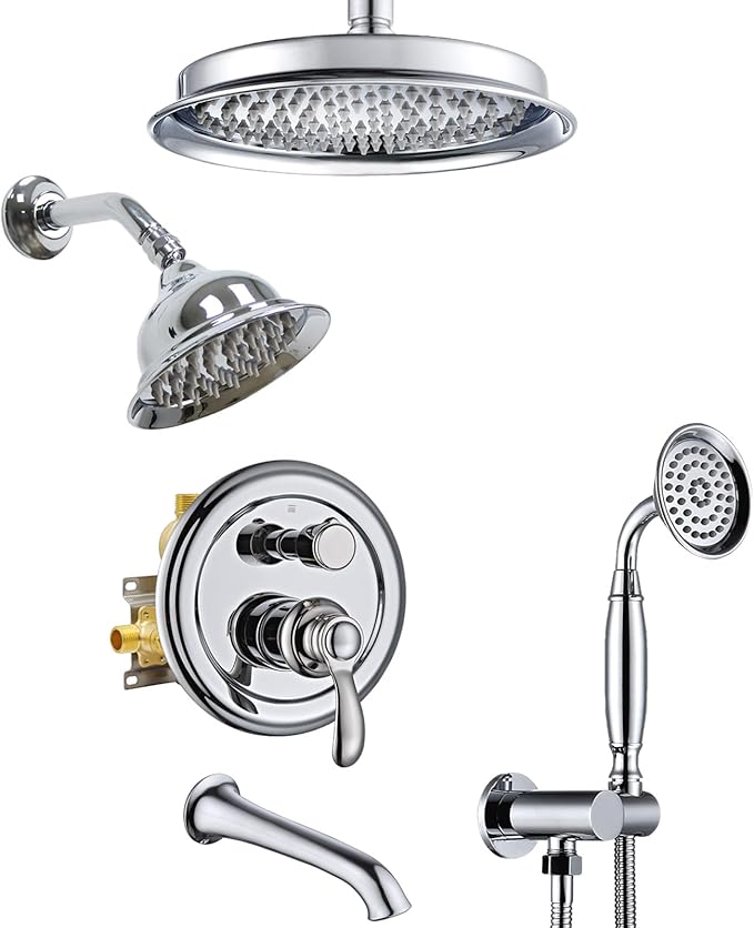 Dual Antique Shower Head System with Tub Spout: 9" Ceiling Mounted Rain & 6" Wall Mount Rainfall, Handheld Spray Vintage Faucet Set, 4 Way Diverter Brass Valve with Trim Kit, Chrome
