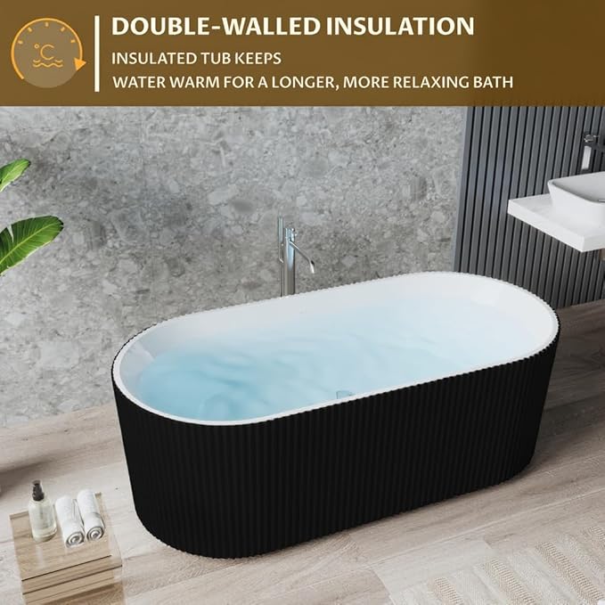 67-in Freestanding Bathtub - Acrylic Soaking Tub with Overflow Drain - CUPC Certified Thickened Design Glossy Black for Bathroom