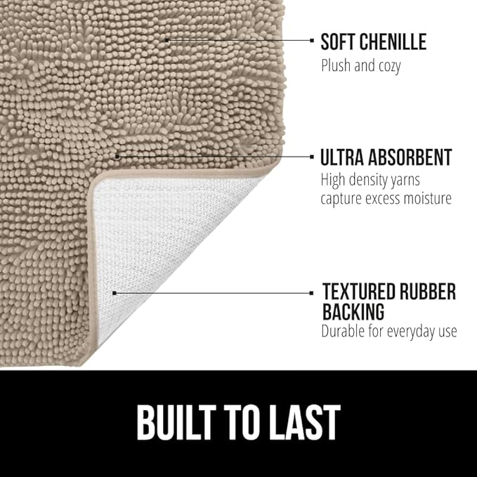 GORILLA GRIP Bathroom Rug Sets 3 Piece, Bath Mat Set and Oval Toilet Base with Rubber Backing, Plush Absorbent Shaggy Chenille Washable Mats, Includes 24x19.5, 24x17 and 36x24 Inch Rugs, Gray Beige