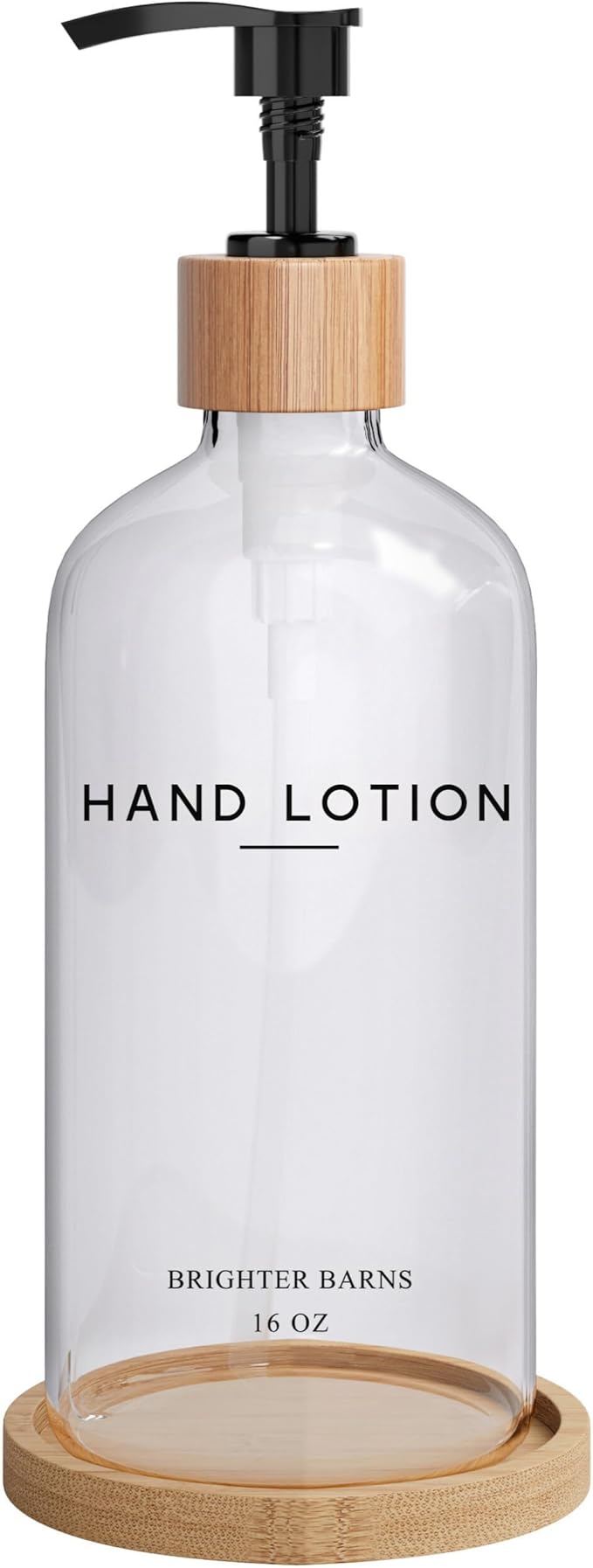Glass Lotion Dispenser with Pump for Bathroom by Brighter Barns - Hand Lotion Dispenser Set with Tray - Boho Hand Cream Container for Bathroom, Neutral Home Decor in Bedroom, Lobby, Restaurant (Clear)