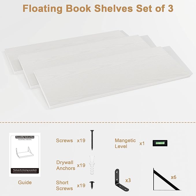 Fun Memories Floating Shelves, 32 x 8 Inches, Set of 3 Wall-Mounted Bookshelves with Metal Brackets, Decorative Storage for Home and Office (White)