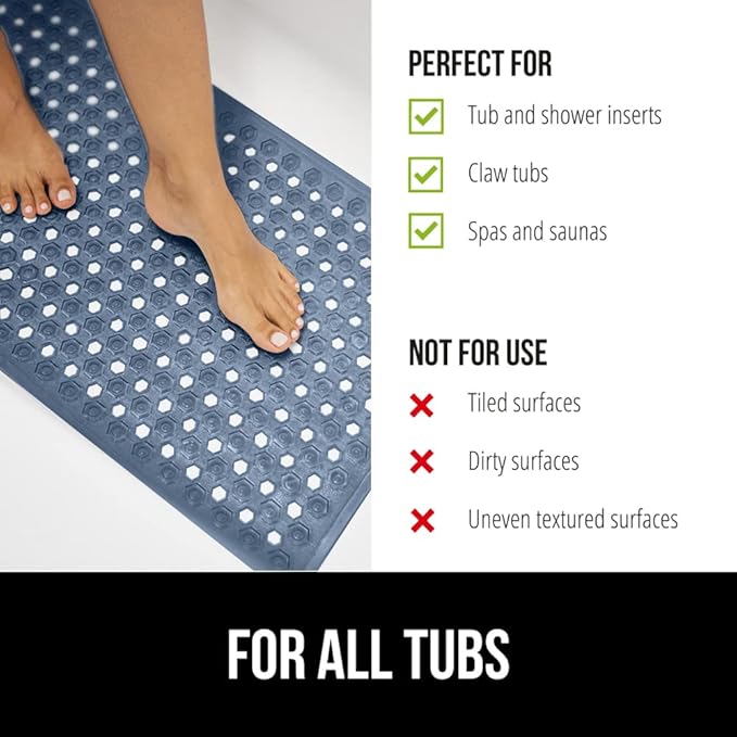 GORILLA GRIP Patented Bath Tub Shower Mat, Machine Washable Bathtub Floor Liner Mats, Suction Cups and Drain Holes to Keep Tubs Clean, Soft on Feet, Bathroom Essentials, 35x16 Inch, Clear Navy
