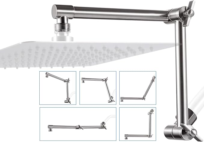 G-Promise 13 Inch Shower Head Extension Arm, Solid Brass Height & Angle Adjustable Extender, Rise or Lower Rainfall and Fixed Shower Head (Brushed Nickel)