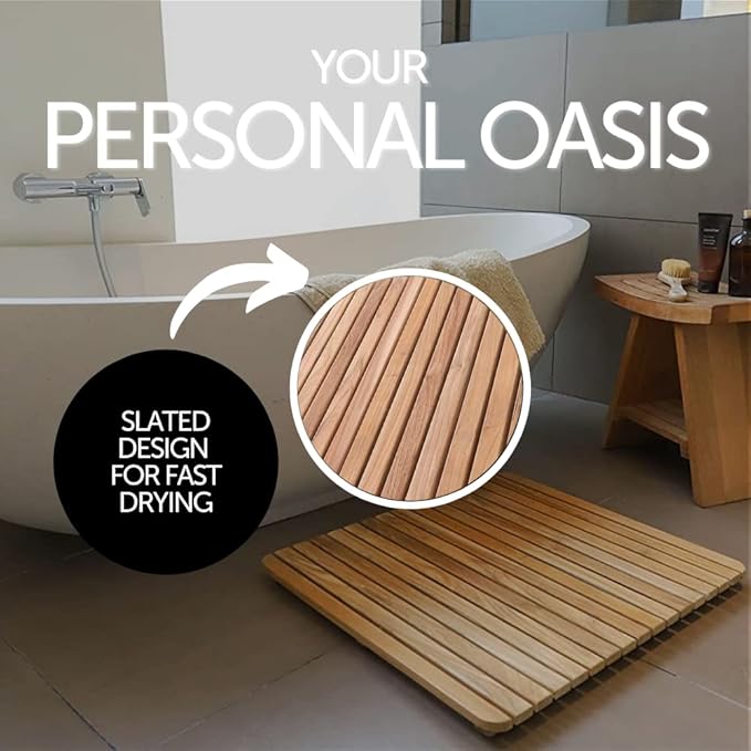 Nordic Style Premium Teak Shower and Bath Mat for Indoor and Outdoor Use - Non-Slip Wooden Platform for Spa, Sauna, Pool, Hot Tub - Flooring Decor and Protector (24" x 24", Natural Finish)