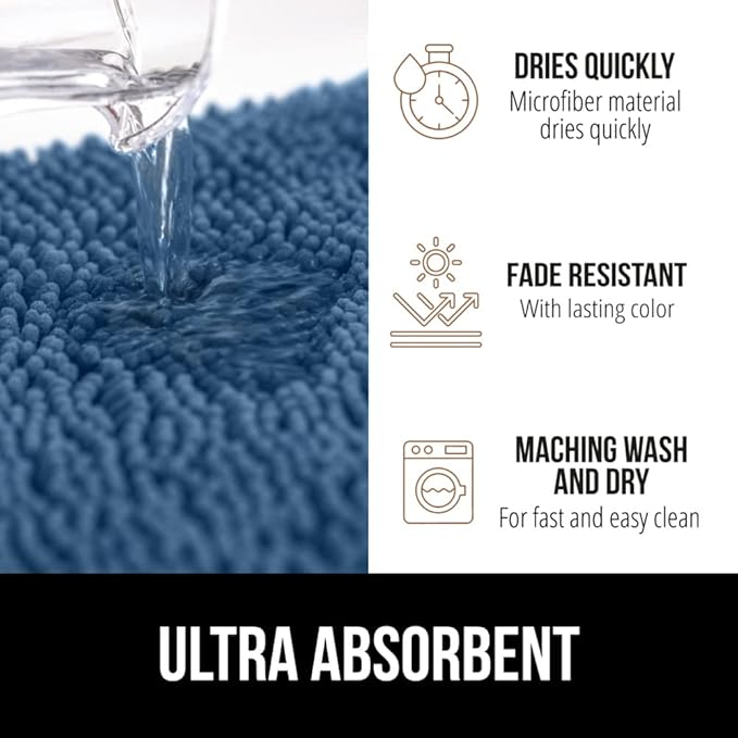 GORILLA GRIP Bath Rug Mat 30x20, Thick Soft Absorbent Chenille, Quick Dry Microfiber Mats, Rubber Backing Washable Shower Floor Rugs, Bathmat Runner, US Designed Bathroom Home Decor Accessories Blue