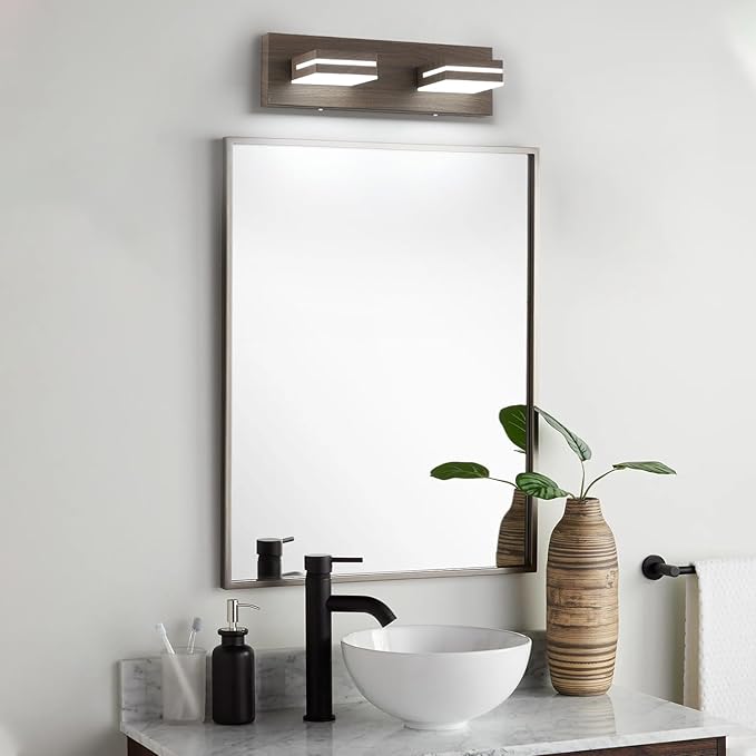 SineRise LED Modern Bathroom Vanity Light Fixtures (2-Light, 15.5-Inch), Brown Wood Painted Modern Acrylic Bathroom Wall Lighting Fixtures Over Mirror (Cool White 6000K)