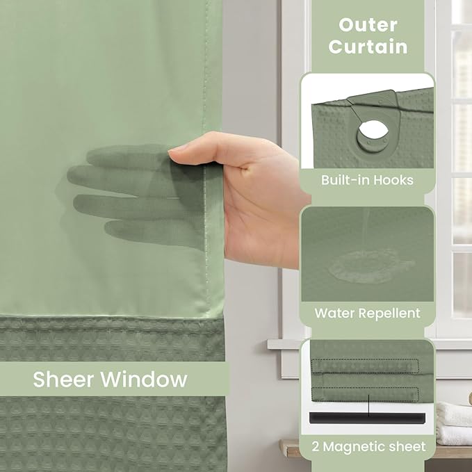 Inhousolu Stall No Hook Shower Curtain with Snap in Fabric Liner Set Waffle Weave 230GSM Weighted Hem, Waterproof & Washable Bathroom Curtain Spa Luxury with Mesh Top Window 36" W x 72" L Sage Green