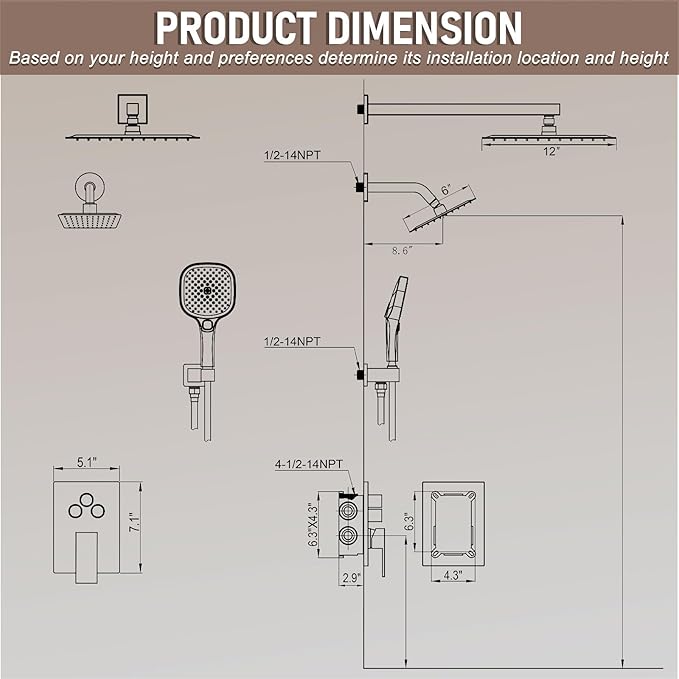 Shower Faucet Set Brushed Gold Shower System, Push Button Diverter 3-Way Shower Valve Kit, Wall Mount 12 Inch Overhead Shower Head with 6 Inch Side Spray Shower Head, 4 Modes Flow Handheld Shower